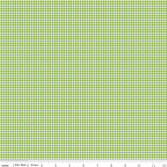 Image of Summer's in Town Plaid Green quilting cotton fabric by Sandy Gervais for Riley Blake Designs. Features plaid on a green background. Cute Little Fabric Shop.