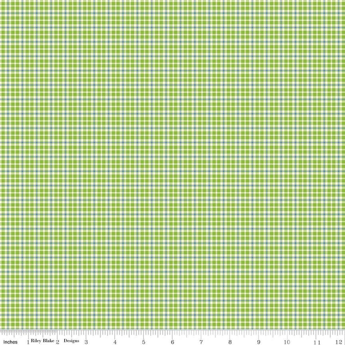 Image of Summer's in Town Plaid Green quilting cotton fabric by Sandy Gervais for Riley Blake Designs. Features plaid on a green background. Cute Little Fabric Shop.
