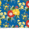 Image of Summer's in Town Main Blue quilting cotton fabric by Sandy Gervais for Riley Blake Designs. Features flowers on a blue background. Cute Little Fabric Shop.