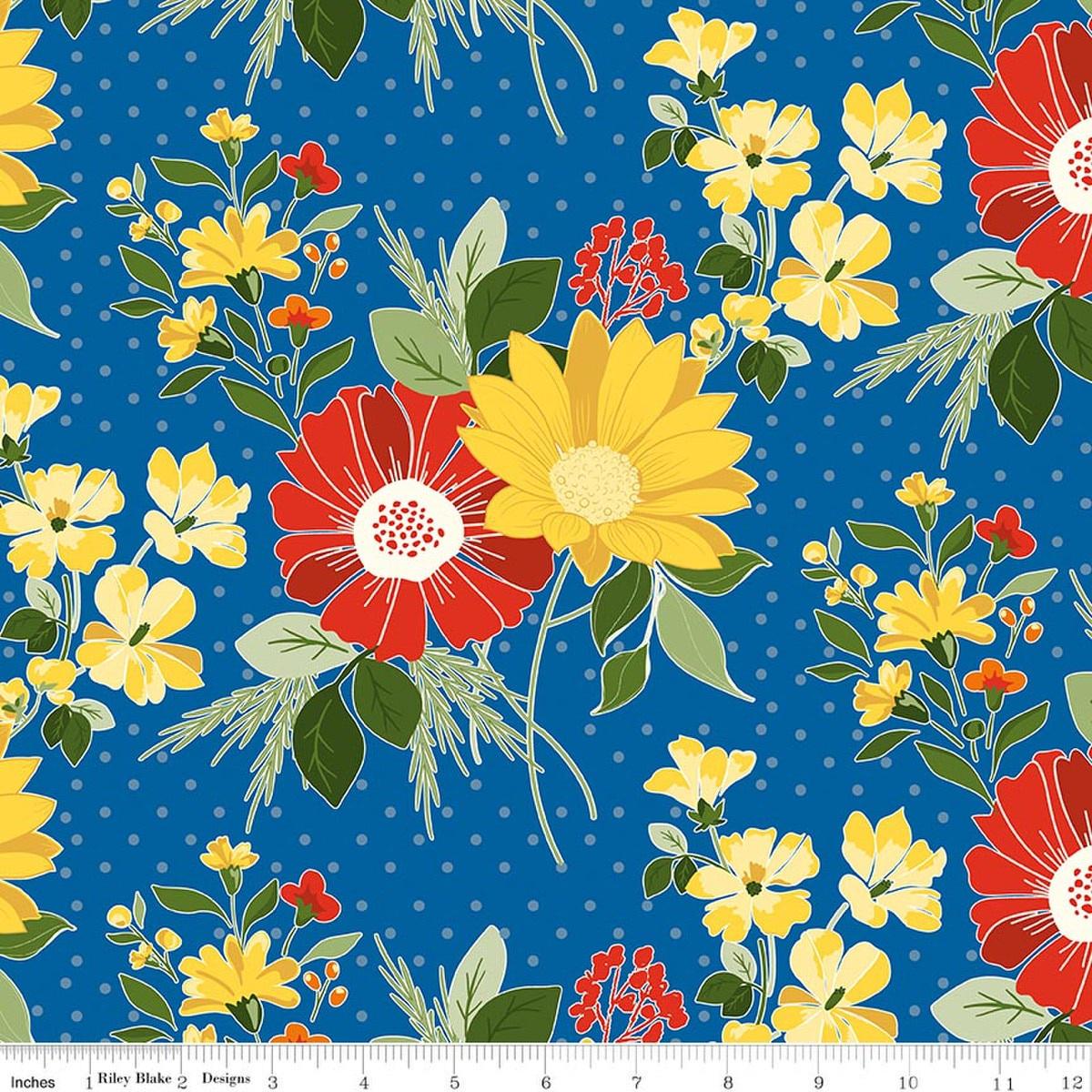 Image of Summer's in Town Main Blue quilting cotton fabric by Sandy Gervais for Riley Blake Designs. Features flowers on a blue background. Cute Little Fabric Shop.