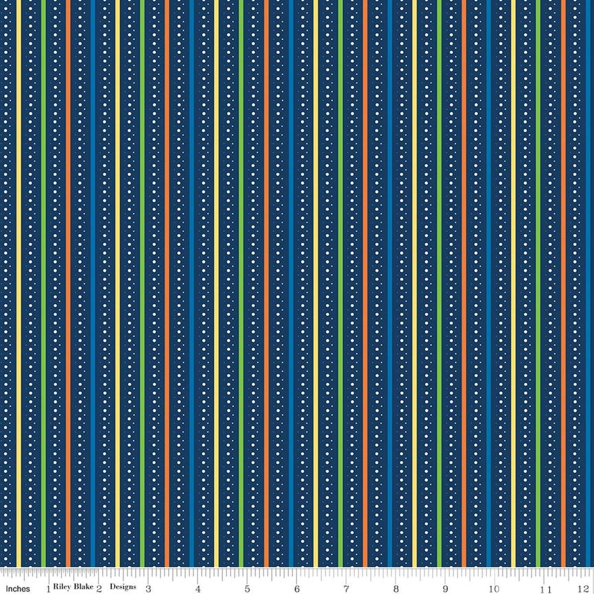Image of Summer's in Town Stripes Navy quilting cotton fabric by Sandy Gervais for Riley Blake Designs. Features stripes on a blue background. Cute Little Fabric Shop.