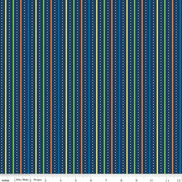 Image of Summer's in Town Stripes Navy quilting cotton fabric by Sandy Gervais for Riley Blake Designs. Features stripes on a blue background. Cute Little Fabric Shop.