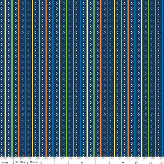 Image of Summer's in Town Stripes Navy quilting cotton fabric by Sandy Gervais for Riley Blake Designs. Features stripes on a blue background. Cute Little Fabric Shop.