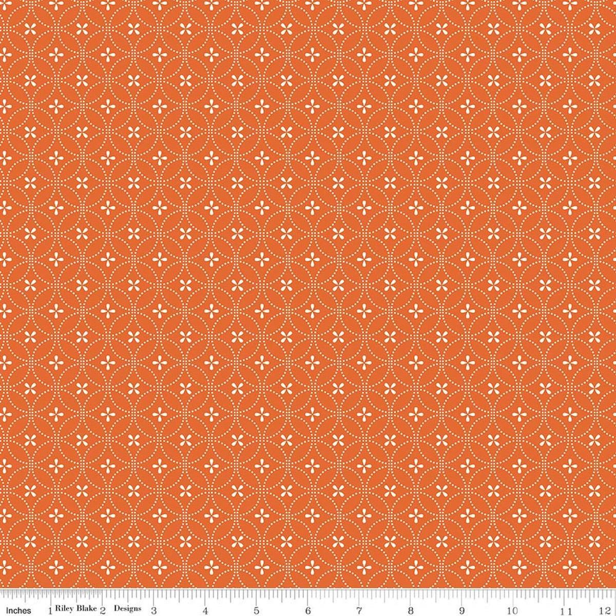 Image of Summer's in Town Circle Dots Orange quilting cotton fabric by Sandy Gervais for Riley Blake Designs. Features a geometric design on an orange background. Cute Little Fabric Shop.