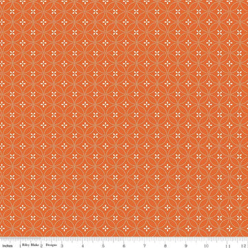 Image of Summer's in Town Circle Dots Orange quilting cotton fabric by Sandy Gervais for Riley Blake Designs. Features a geometric design on an orange background. Cute Little Fabric Shop.