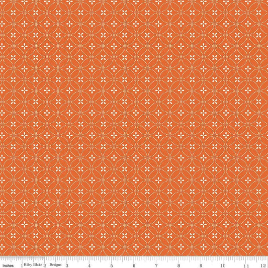 Image of Summer's in Town Circle Dots Orange quilting cotton fabric by Sandy Gervais for Riley Blake Designs. Features a geometric design on an orange background. Cute Little Fabric Shop.