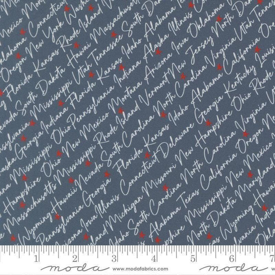 Independence Day States Indigo quilting cotton fabric by Sweetwater for Moda Fabrics. Features text on a blue background. Cute Little Fabric Shop.
