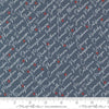 Independence Day States Indigo quilting cotton fabric by Sweetwater for Moda Fabrics. Features text on a blue background. Cute Little Fabric Shop.