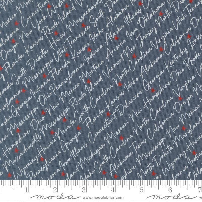 Independence Day States Indigo quilting cotton fabric by Sweetwater for Moda Fabrics. Features text on a blue background. Cute Little Fabric Shop.