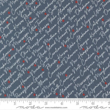 Independence Day States Indigo quilting cotton fabric by Sweetwater for Moda Fabrics. Features text on a blue background. Cute Little Fabric Shop.