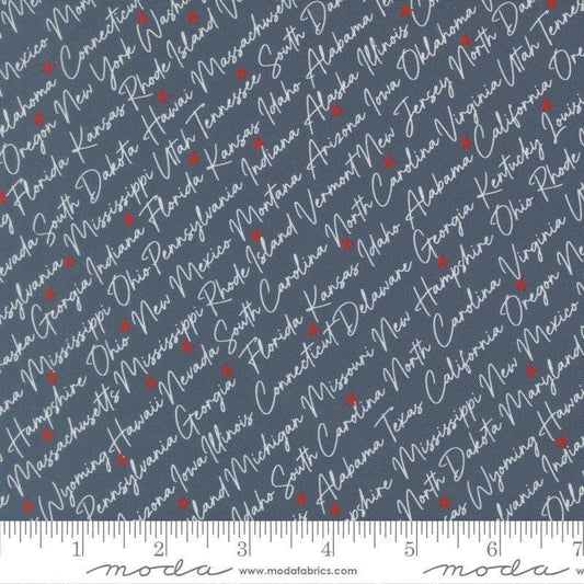 Independence Day States Indigo quilting cotton fabric by Sweetwater for Moda Fabrics. Features text on a blue background. Cute Little Fabric Shop.