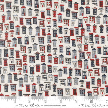 Independence Day Houses Vanilla quilting cotton fabric by Sweetwater for Moda Fabrics. Features houses on a white background. Cute Little Fabric Shop.