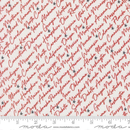 Independence Day States Vanilla Red quilting cotton fabric by Sweetwater for Moda Fabrics. Features text on a white background. Cute Little Fabric Shop.