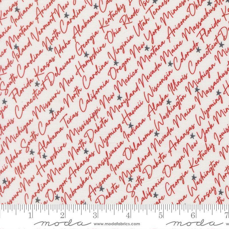 Independence Day States Vanilla Red quilting cotton fabric by Sweetwater for Moda Fabrics. Features text on a white background. Cute Little Fabric Shop.