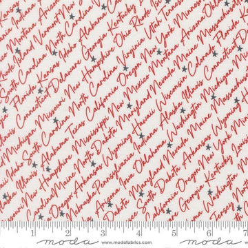 Independence Day States Vanilla Red quilting cotton fabric by Sweetwater for Moda Fabrics. Features text on a white background. Cute Little Fabric Shop.
