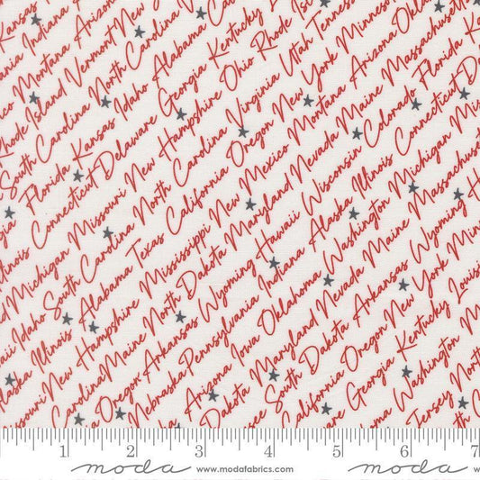 Independence Day States Vanilla Red quilting cotton fabric by Sweetwater for Moda Fabrics. Features text on a white background. Cute Little Fabric Shop.