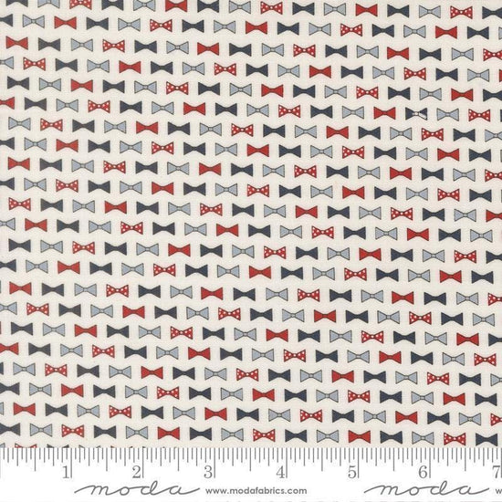 Independence Day Bowties Vanilla quilting cotton fabric by Sweetwater for Moda Fabrics. Features bowties on a white background. Cute Little Fabric Shop.