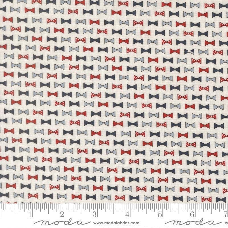 Independence Day Bowties Vanilla quilting cotton fabric by Sweetwater for Moda Fabrics. Features bowties on a white background. Cute Little Fabric Shop.