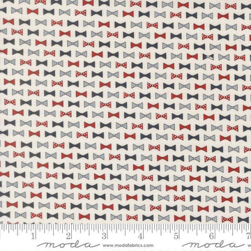 Independence Day Bowties Vanilla quilting cotton fabric by Sweetwater for Moda Fabrics. Features bowties on a white background. Cute Little Fabric Shop.