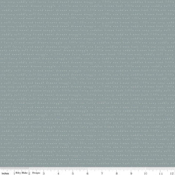Image of Leo & Savannah Text Blue quilting cotton fabric by Deena Rutter for Riley Blake Designs. Features words on a gray background. Cute Little Fabric Shop.