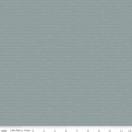 Image of Leo & Savannah Text Blue quilting cotton fabric by Deena Rutter for Riley Blake Designs. Features words on a gray background. Cute Little Fabric Shop.