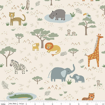 Image of Leo & Savannah Main Cream quilting cotton fabric by Deena Rutter for Riley Blake Designs. Features animals on a cream background. Cute Little Fabric Shop.