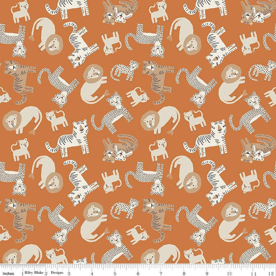 Image of Leo & Savannah Animal Toss Orange quilting cotton fabric by Deena Rutter for Riley Blake Designs. Features cats on an orange background. Cute Little Fabric Shop.