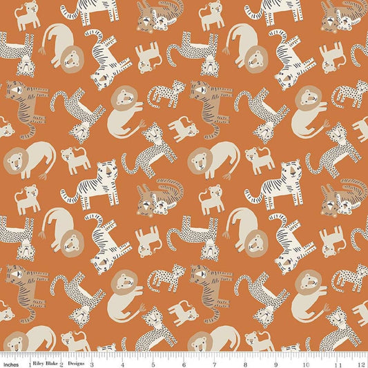 Image of Leo & Savannah Animal Toss Orange quilting cotton fabric by Deena Rutter for Riley Blake Designs. Features cats on an orange background. Cute Little Fabric Shop.