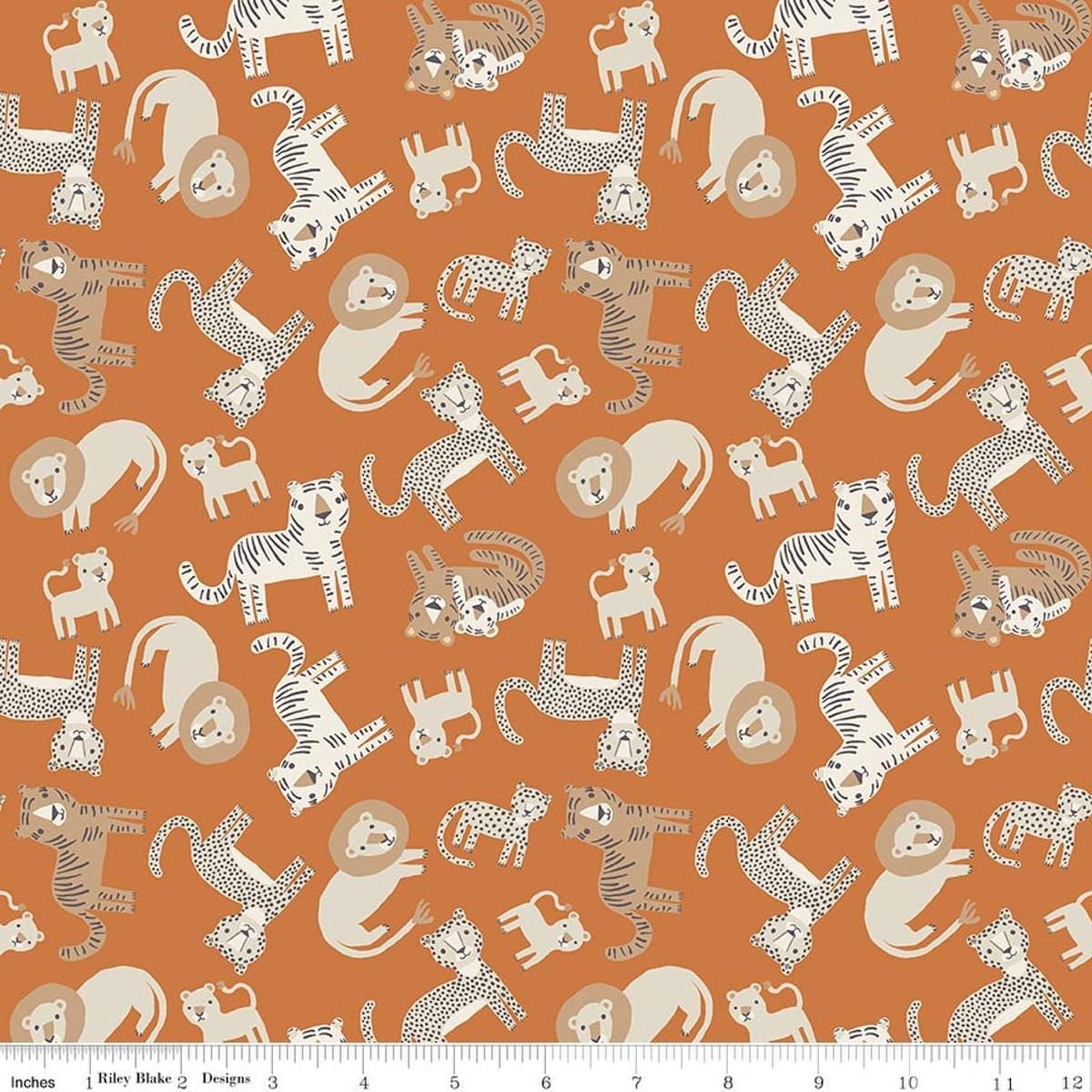 Image of Leo & Savannah Animal Toss Orange quilting cotton fabric by Deena Rutter for Riley Blake Designs. Features cats on an orange background. Cute Little Fabric Shop.