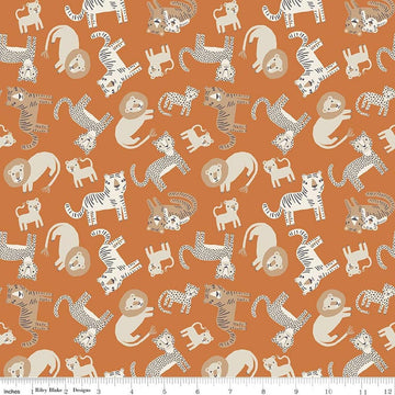 Image of Leo & Savannah Animal Toss Orange quilting cotton fabric by Deena Rutter for Riley Blake Designs. Features cats on an orange background. Cute Little Fabric Shop.