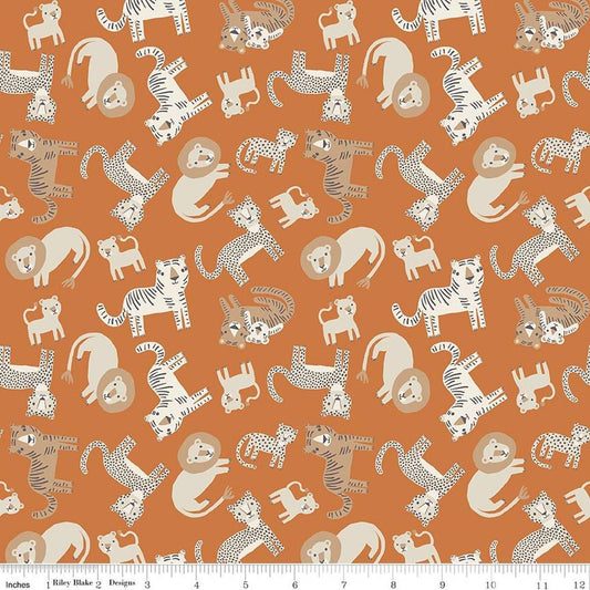 Image of Leo & Savannah Animal Toss Orange quilting cotton fabric by Deena Rutter for Riley Blake Designs. Features cats on an orange background. Cute Little Fabric Shop.