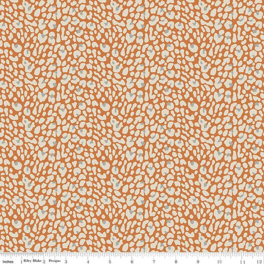 Image of Leo & Savannah Leopard Orange quilting cotton fabric by Deena Rutter for Riley Blake Designs. Features leopard print on an orange background. Cute Little Fabric Shop.