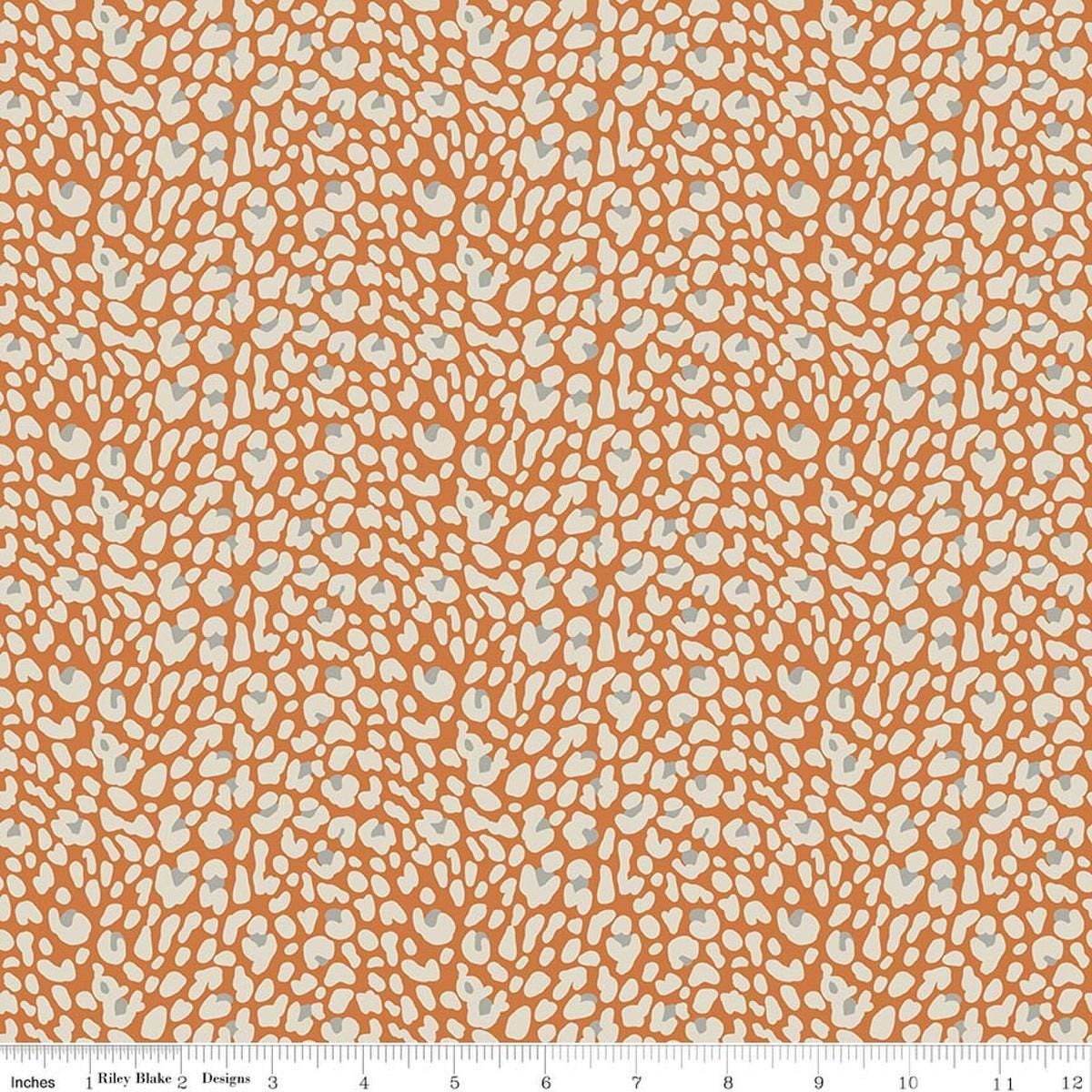 Image of Leo & Savannah Leopard Orange quilting cotton fabric by Deena Rutter for Riley Blake Designs. Features leopard print on an orange background. Cute Little Fabric Shop.
