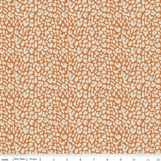 Image of Leo & Savannah Leopard Orange quilting cotton fabric by Deena Rutter for Riley Blake Designs. Features leopard print on an orange background. Cute Little Fabric Shop.