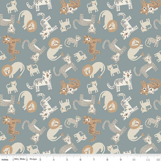 Image of Leo & Savannah Animal Toss Blue quilting cotton fabric by Deena Rutter for Riley Blake Designs. Features cats on a gray background. Cute Little Fabric Shop.