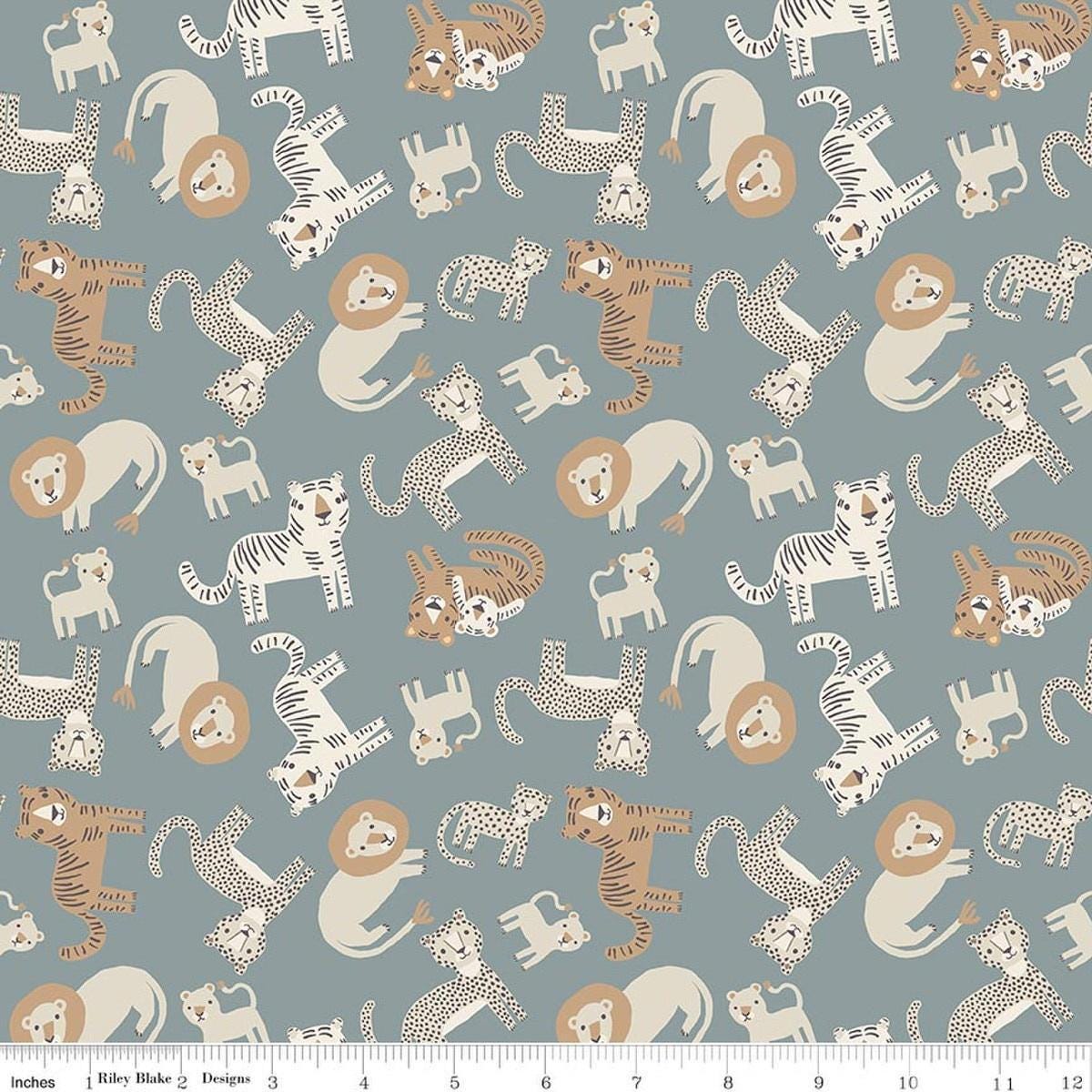 Image of Leo & Savannah Animal Toss Blue quilting cotton fabric by Deena Rutter for Riley Blake Designs. Features cats on a gray background. Cute Little Fabric Shop.
