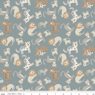 Image of Leo & Savannah Animal Toss Blue quilting cotton fabric by Deena Rutter for Riley Blake Designs. Features cats on a gray background. Cute Little Fabric Shop.