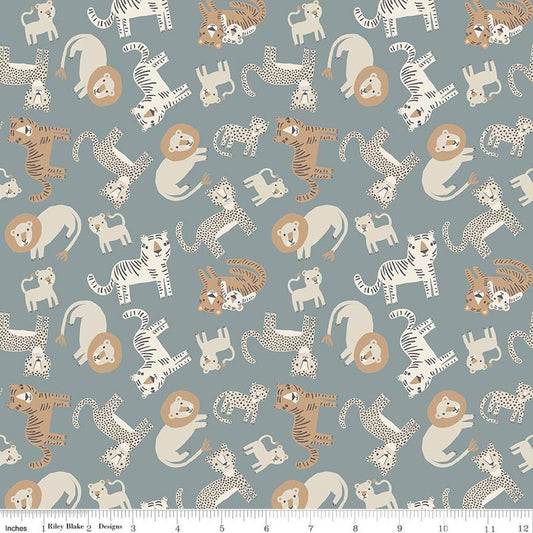 Image of Leo & Savannah Animal Toss Blue quilting cotton fabric by Deena Rutter for Riley Blake Designs. Features cats on a gray background. Cute Little Fabric Shop.