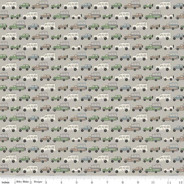 Image of Leo & Savannah Rovers Gray quilting cotton fabric by Deena Rutter for Riley Blake Designs. Features cars on a gray background. Cute Little Fabric Shop.