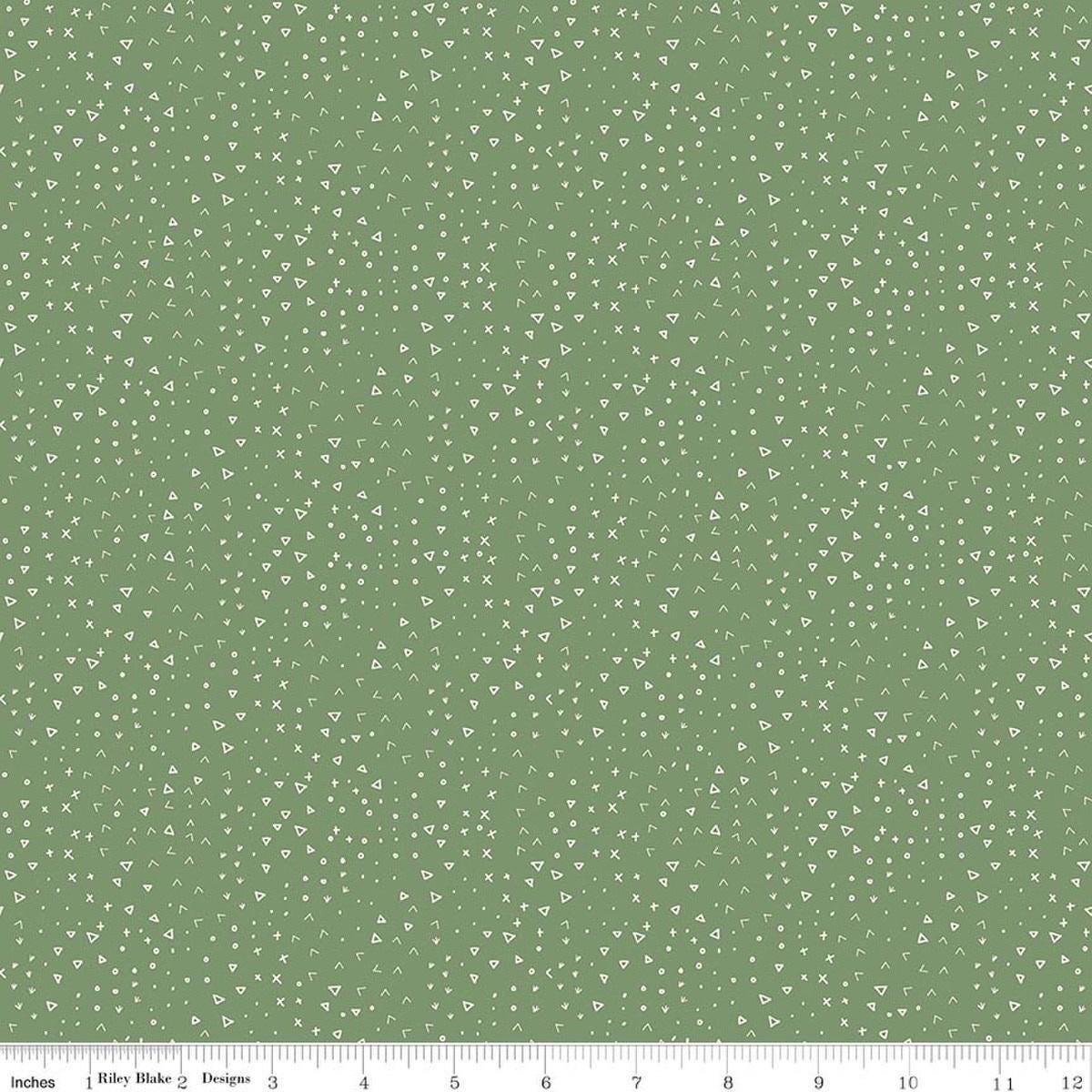 Image of Leo & Savannah Terrain Green quilting cotton fabric by Deena Rutter for Riley Blake Designs. Features shapes on a green background. Cute Little Fabric Shop.