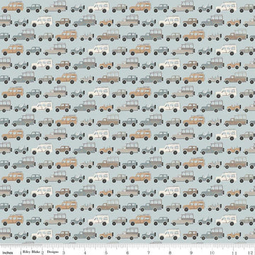 Image of Leo & Savannah Rovers Blue quilting cotton fabric by Deena Rutter for Riley Blake Designs. Features cars on a blue background. Cute Little Fabric Shop.