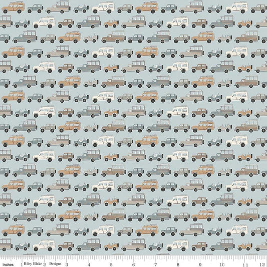 Image of Leo & Savannah Rovers Blue quilting cotton fabric by Deena Rutter for Riley Blake Designs. Features cars on a blue background. Cute Little Fabric Shop.
