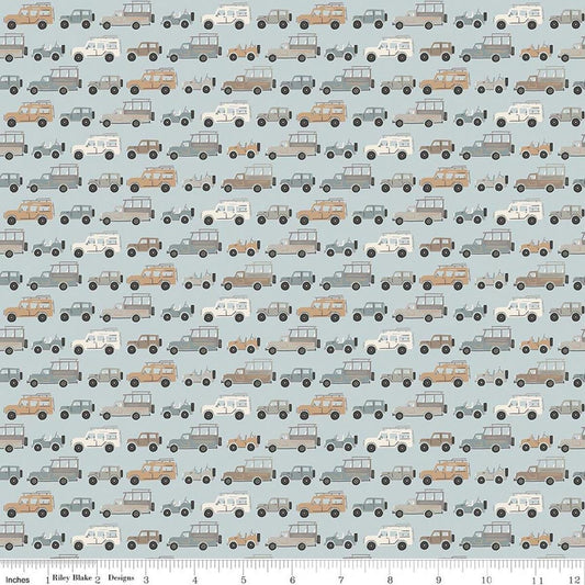 Image of Leo & Savannah Rovers Blue quilting cotton fabric by Deena Rutter for Riley Blake Designs. Features cars on a blue background. Cute Little Fabric Shop.