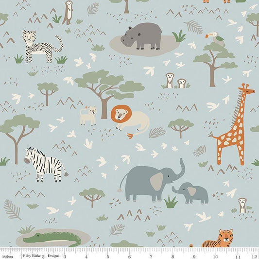 Image of Leo & Savannah Main Blue quilting cotton fabric by Deena Rutter for Riley Blake Designs. Features animals on a blue background. Cute Little Fabric Shop.