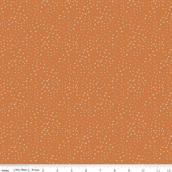 Image of Leo & Savannah Terrain Orange quilting cotton fabric by Deena Rutter for Riley Blake Designs. Features shapes on an orange background. Cute Little Fabric Shop.