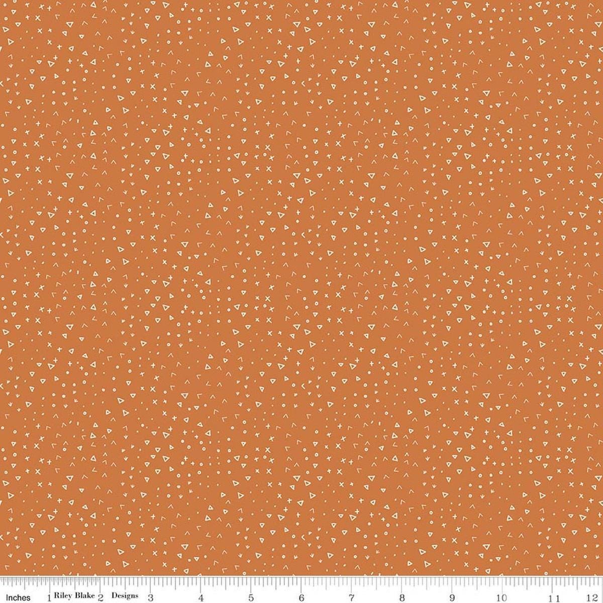 Image of Leo & Savannah Terrain Orange quilting cotton fabric by Deena Rutter for Riley Blake Designs. Features shapes on an orange background. Cute Little Fabric Shop.