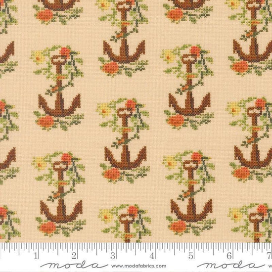 Image of Saltwater Knot on Call Natural quilting cotton fabric by Cathe Holden for Moda Fabrics. Features anchors on a tan background. Cute Little Fabric Shop.