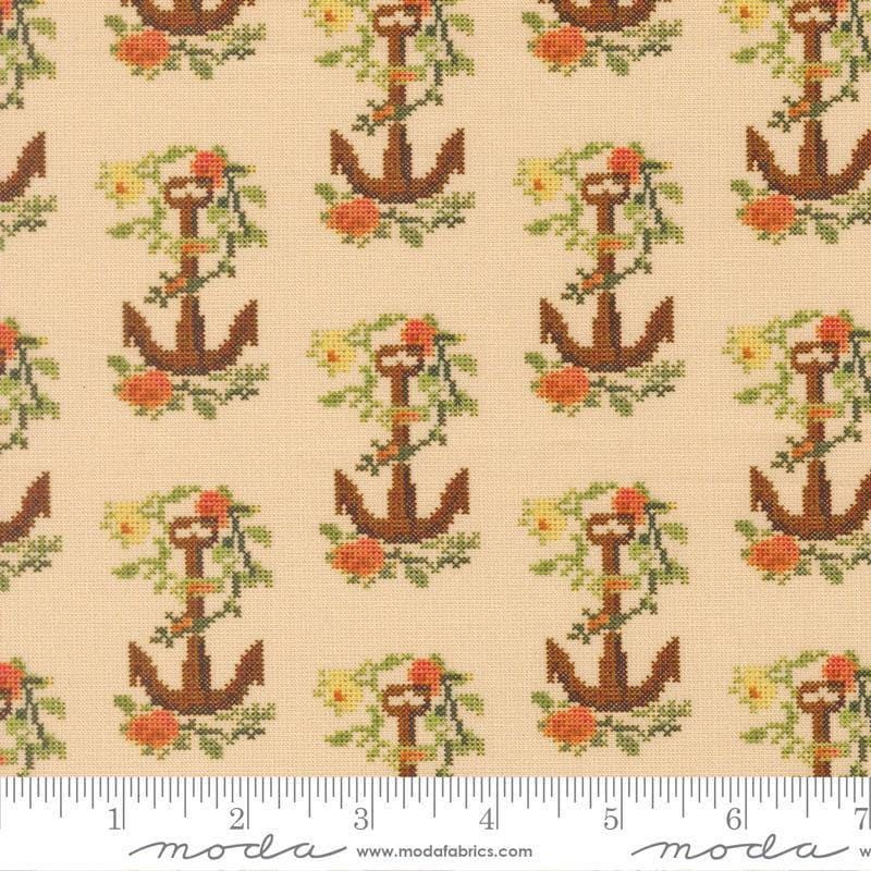 Image of Saltwater Knot on Call Natural quilting cotton fabric by Cathe Holden for Moda Fabrics. Features anchors on a tan background. Cute Little Fabric Shop.