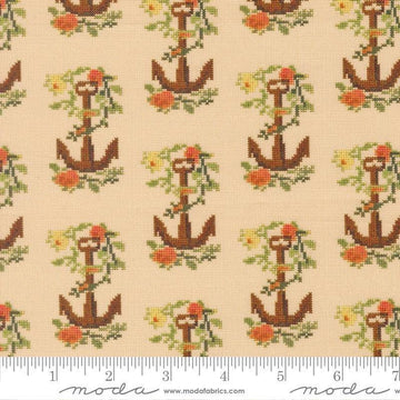 Image of Saltwater Knot on Call Natural quilting cotton fabric by Cathe Holden for Moda Fabrics. Features anchors on a tan background. Cute Little Fabric Shop.