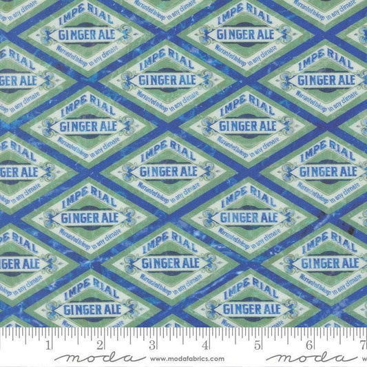 Image of Saltwater Blue Lagoon Ocean quilting cotton fabric by Cathe Holden for Moda Fabrics. Features ginger ale ads on a blue background. Cute Little Fabric Shop.